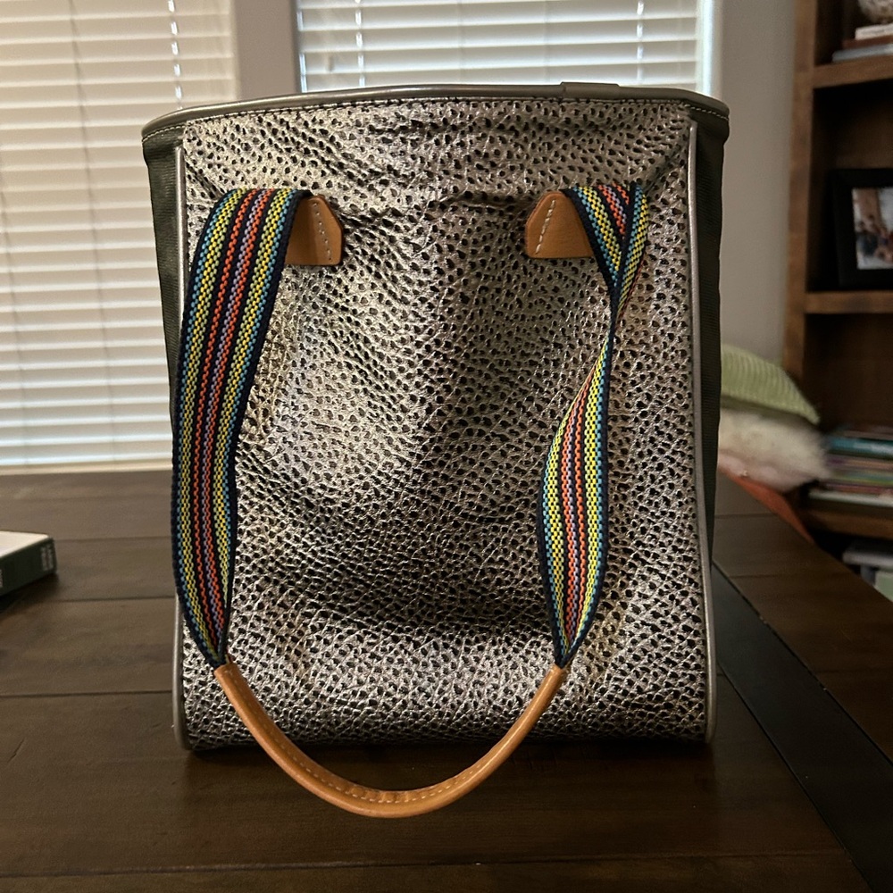 Consuela Textured Silver Tote with Multicolor Straps